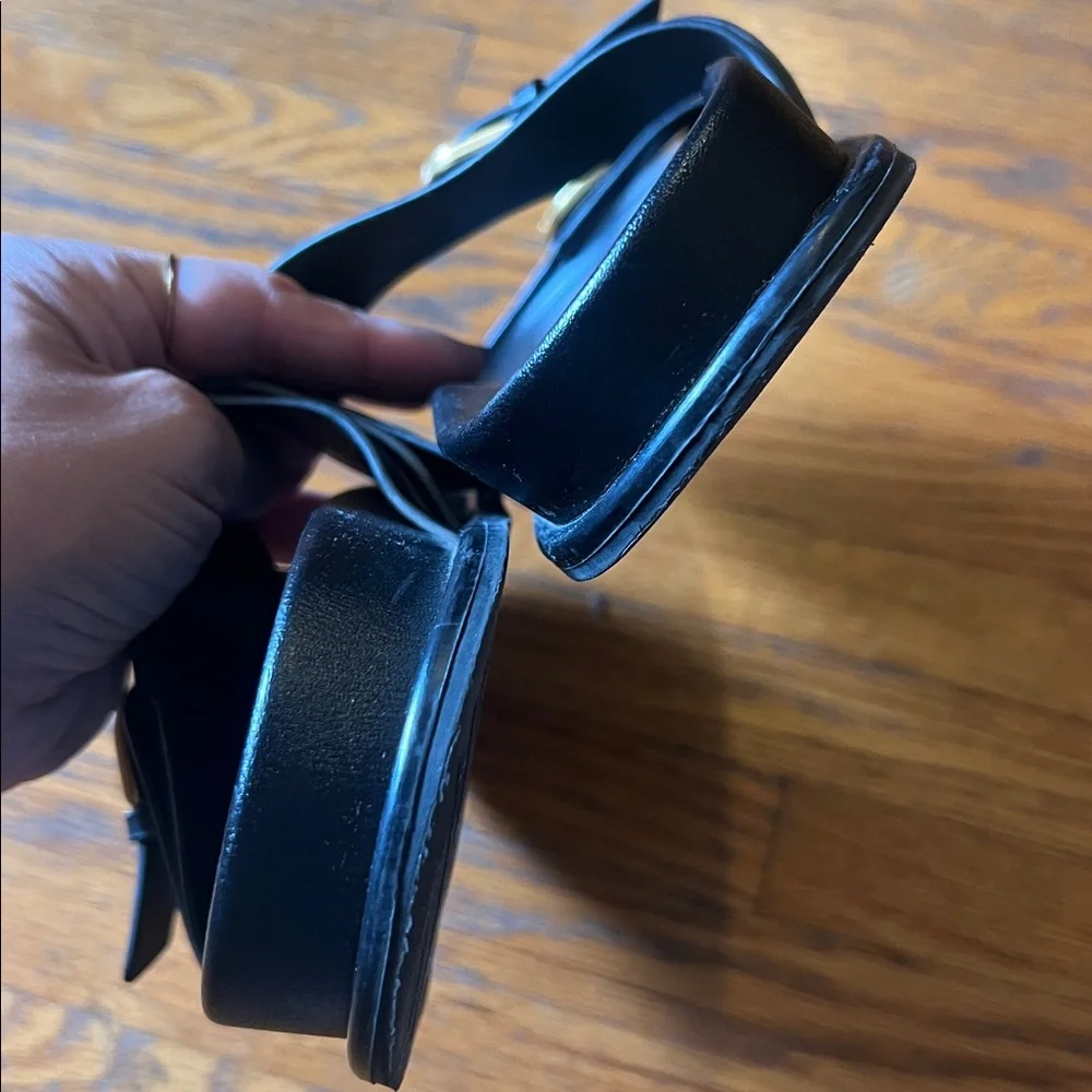 Zara Black Slide Sandals with Gold Buckles - Double Strap - Picture 4 of 6